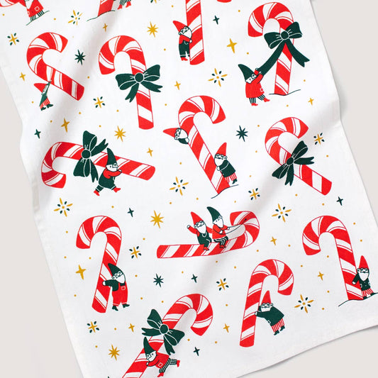 Candy Cane Gnomes Tea Towel