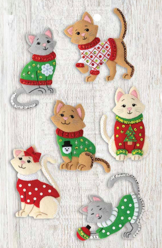 Cats in Christmas Sweaters Felt Ornaments Kit, Set of 6