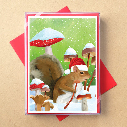 Winter Squirrel and Mushroom Holiday Card