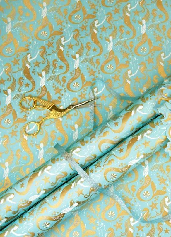 Gold Mermaids and Seahorses Gift Wrap, 2 Rolls