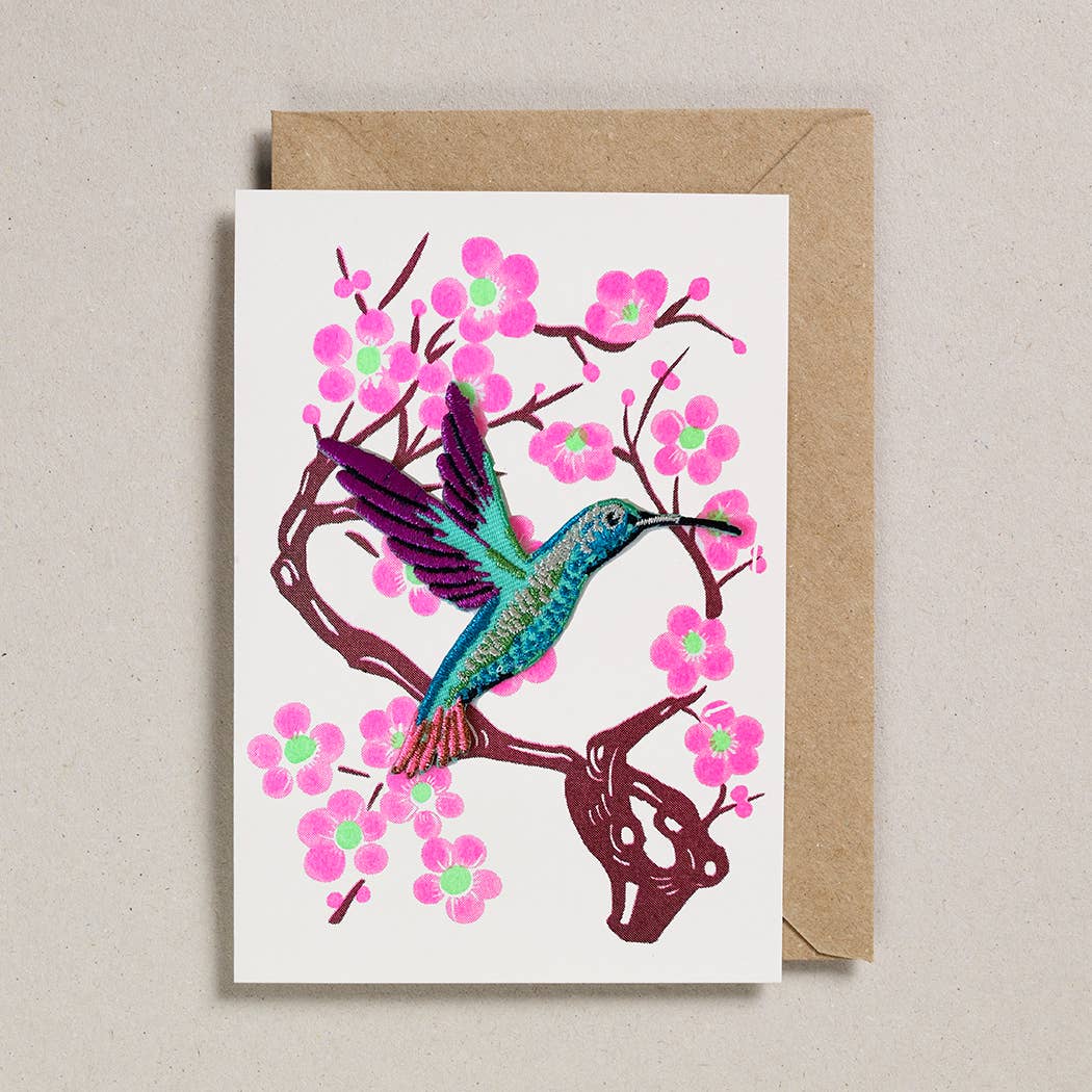 Hummingbird and Blossoms Iron On Patch Card