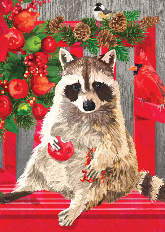 Red Handed Raccoon Holiday Card